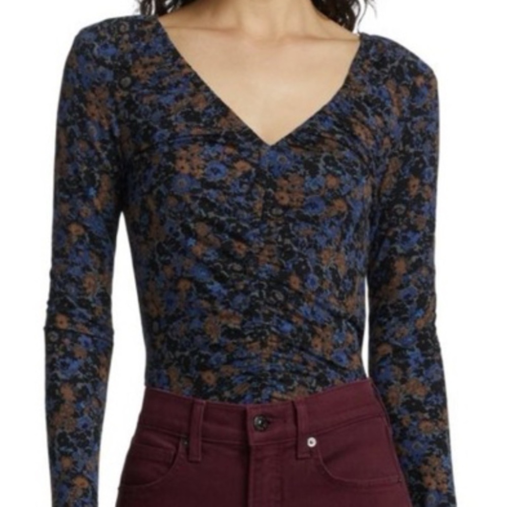 Veronica Beard Floral Long Sleeve Top - Blue and Brown
